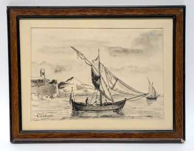drawing of a boat in a body of water with a lighthouse in the background
