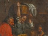 painting of a man holding a basket over his head while another man holds a basket over his head