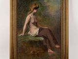 une peinture à l'huile représentant une femme nue assise sur un rocher