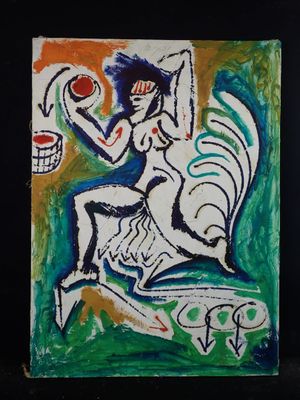 painting of a woman sitting on a chair holding a tennis racket
