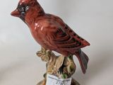 a red bird sitting on top of a tree stump