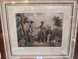 tableau représentant un groupe d'hommes et un chien dans un environnement boisé