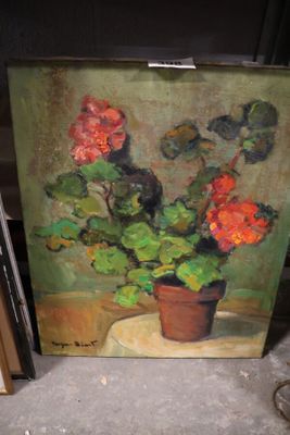 un tableau représentant des géraniums en pot posés sur une table