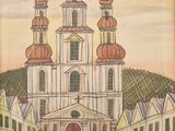 peinture représentant une église avec un clocher et un clocheton au sommet