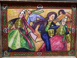 painting of a group of people in traditional clothing dancing in front of a building