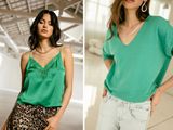 deux photos d'une femme portant un haut vert et d'une femme portant une jupe à imprimé léopard