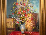 a painting of flowers in a vase on a table