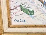 a picture of a painting of a green car in the snow