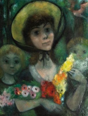 une peinture à l'huile représentant une femme tenant un enfant et des fleurs