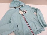 blue jacket with a white hood and a red, white, and blue stripe down the side