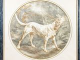 tableau représentant un chien dans un paysage, avec la pleine lune en arrière-plan