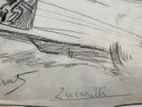 drawing of a man in a boat on the water with a dog