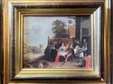 painting of a group of people sitting around a table outside a house