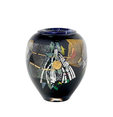 a black vase with a painting on it on a white background