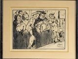 une image représentant un dessin d'un groupe de personnes assises sur un banc