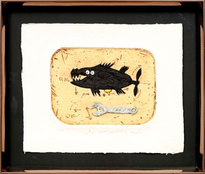 a picture of a picture of a fish with a wrench in it