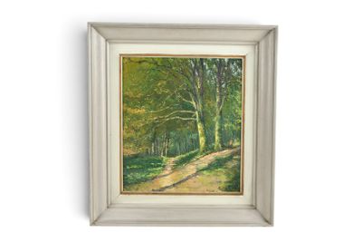 un tableau représentant un sentier traversant une forêt, avec des arbres en arrière-plan