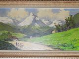 an oil painting of a mountain scene with people walking down a road