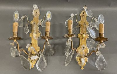 pair of crystal and brass wall sconces