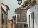 a painting of a street with a lamp and flowers on it