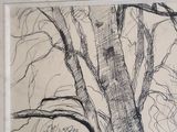 a black and white drawing of a tree in a field