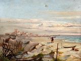 a painting of people on the beach by the water