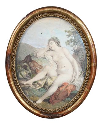 un tableau ovale représentant une femme nue assise sur un rocher