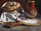 une peinture représentant une miche de pain posée sur une assiette, à côté d'un bol et d'un couteau