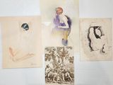 several drawings of a woman sitting on a chair in front of a white wall