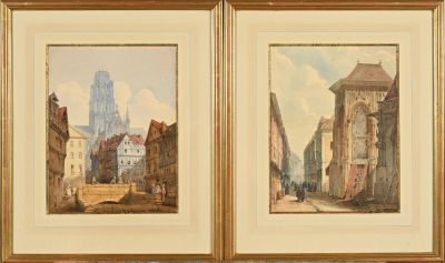two framed paintings of a street scene with a church in the background