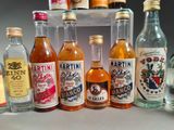 many bottles of alcohol lined up on a table