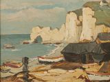 a painting of boats on the beach by the water