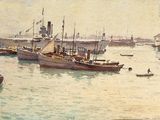 a painting of a harbor with boats in the water