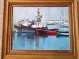 a painting of a red and white boat in the water