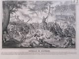 an old print of a battle with soldiers in the background