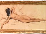 tableau représentant une femme nue allongée sur un lit, dans un cadre doré