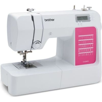 the sewing machine is white and has pink trims on it