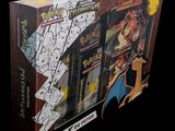 a box of pokemon trading cards on a black background