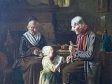 painting of an old man and woman sitting at a table with a child