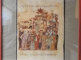 painting of a group of people standing in front of a building
