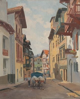 a painting of a horse drawn carriage on a narrow street