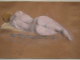 painting of a nude woman laying on a pillow on a brown surface