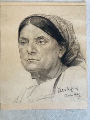 an old drawing of a woman in a headscarf