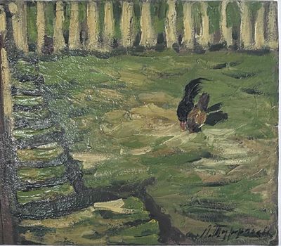 un tableau représentant un coq dans l'herbe, près d'une clôture