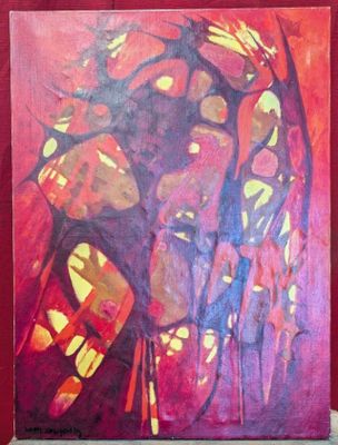 painting of a woman ' s face with a red background