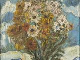 a painting of flowers in a vase on a table