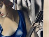 a painting of a woman playing a guitar in front of a building