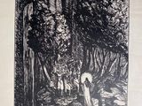 an old black and white drawing of a man and a woman in a forest