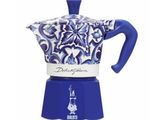 an image of a blue and white stove top coffee maker