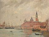 une image représentant un tableau représentant une vue d'une ville depuis une rivière